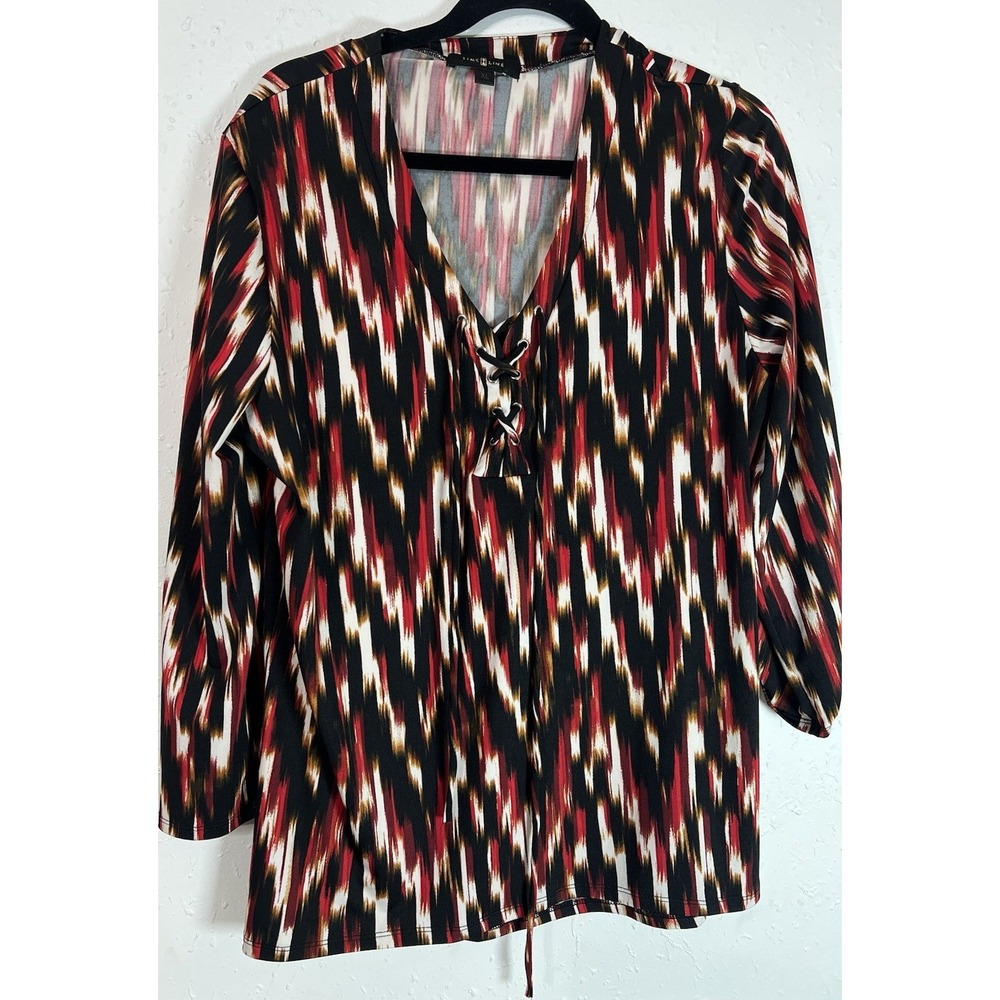 Nine Line Multicolor Ikat Lace-Up V-Neck Tunic Blouse XL 3/4 Roll Tab Sleeve